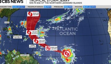 Tropical Storm Jerry forms over the central Atlantic, becoming 10th named storm this hurricane season