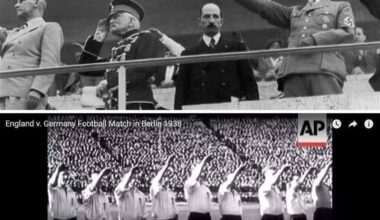 "1 август 1936 г. На откриването на Олимпийските игри в Берлин. Цар Борис III стои до Хитлер, без да е вдигнал ръка за поздрав. 14 май 1938 г. Англия гостува на Германия за приятелски мач. Английският национален отбор по футбол поздравява с вдигнати ръце за фашистки поздрав."