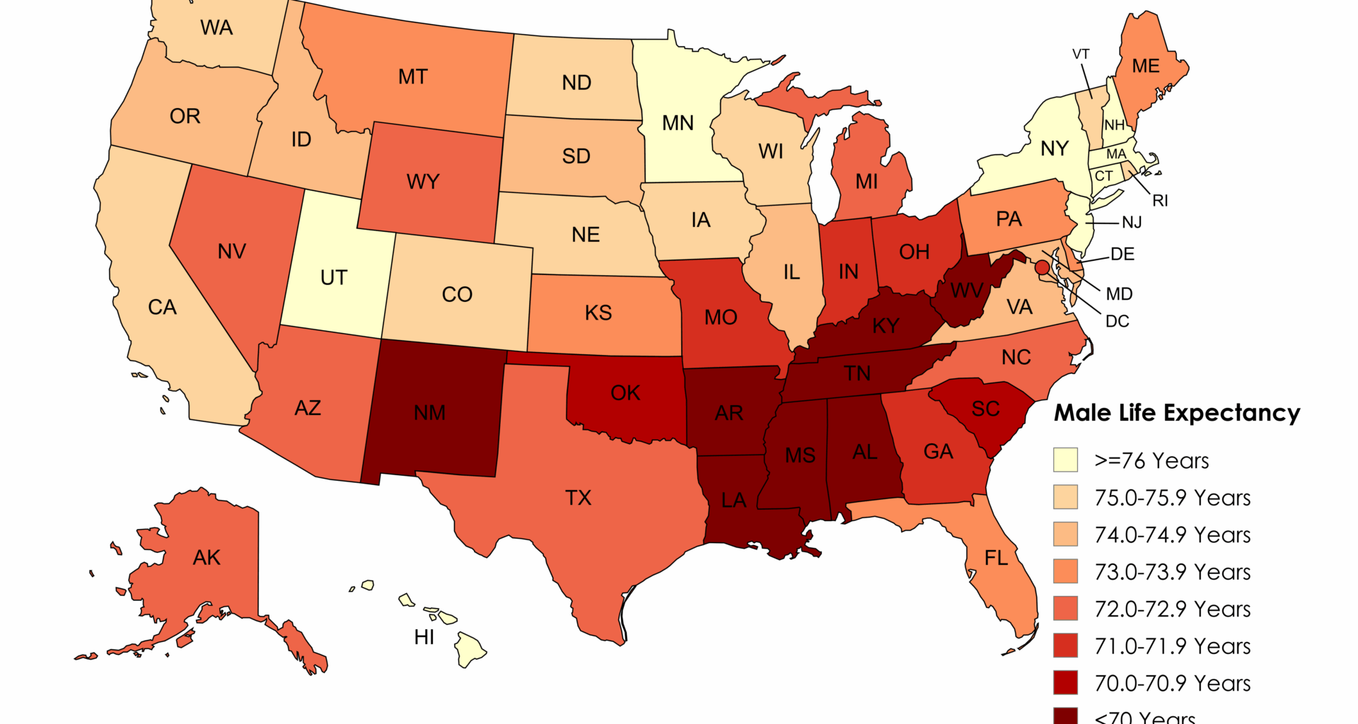 [OC] Male Life Expectancy by State (2021)