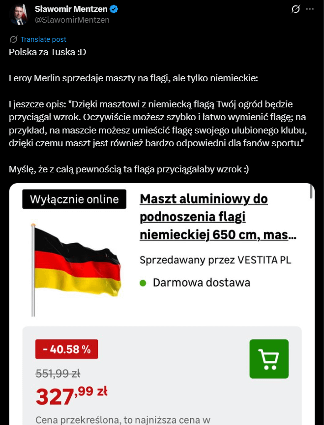 "Wolnościowiec" Sławek narzeka na niemiecką flagę sprzedawaną przez prywatną firmę. Winą obarcza premiera Polski