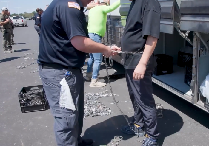 Workers at the Georgia construction site of a joint Hyundai Motor-LG Energy battery plant detained by US' ICE (Screenshot captured from ICE's video)