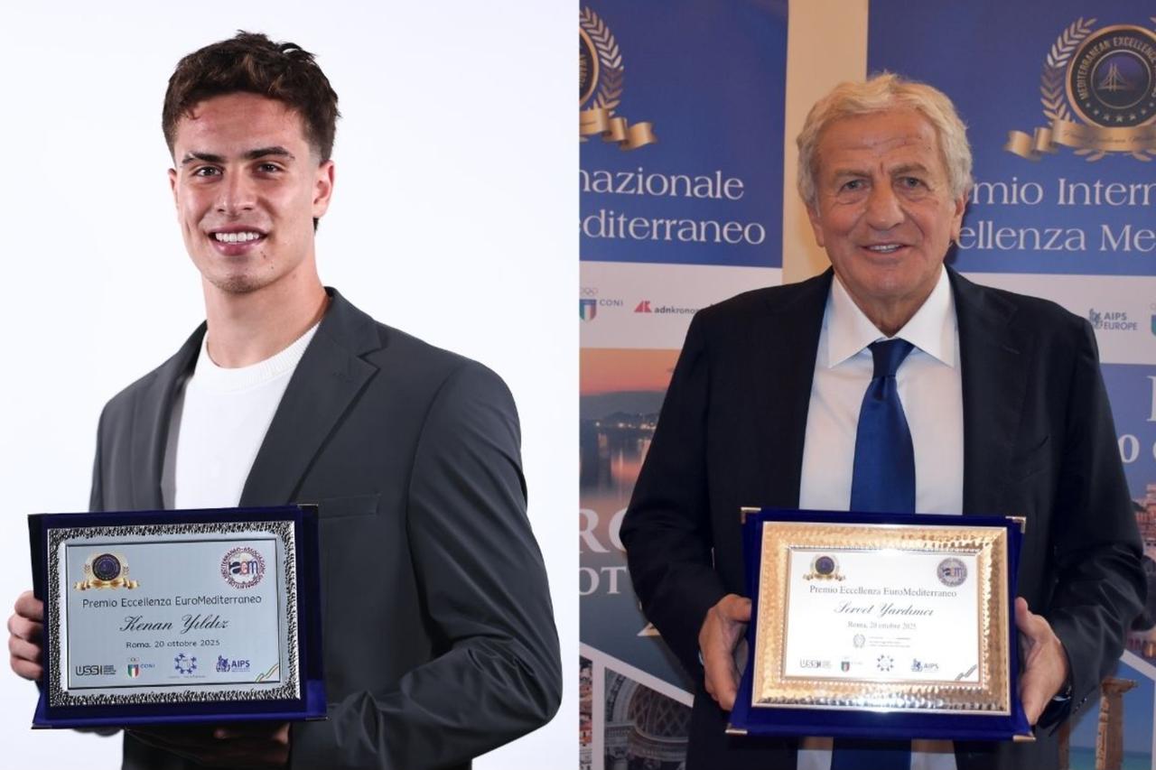 Kenan Yildiz (right) and Servet Yardimci (left) at the Mediterranean Excellence Awards ceremony in Rome, Italy, October 20, 2025. (AA Photo)