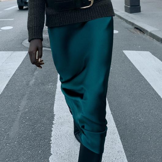 Zara Duck Green Satin Midi Skirt