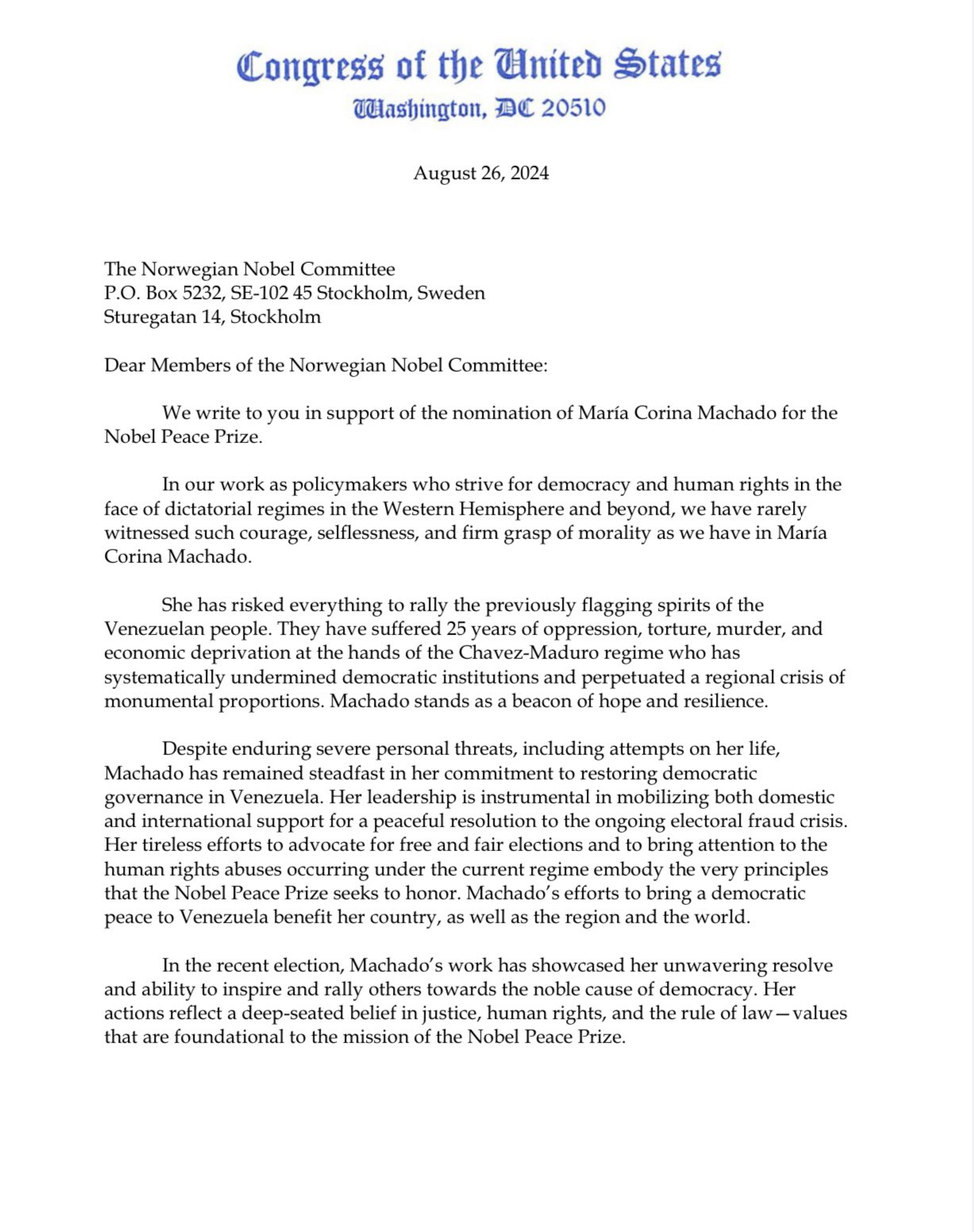 Marco Rubio, Scott, Postulated Mara Corina Machado Nobel Peace Prize