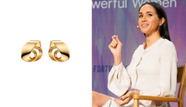 pair of gold earrings from brand polene over white background; meghan markle sitting while giving a speech, wearing the earrings