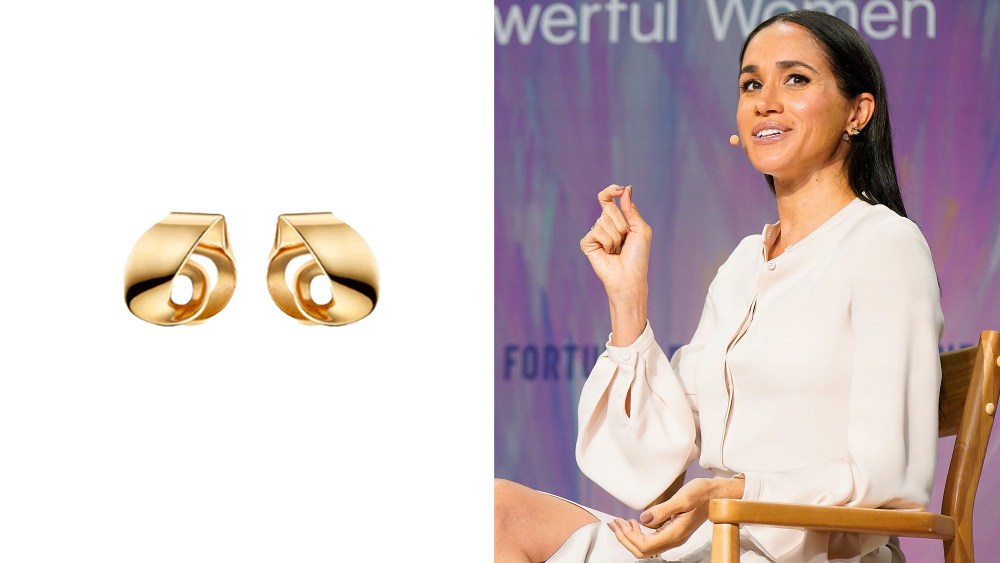 pair of gold earrings from brand polene over white background; meghan markle sitting while giving a speech, wearing the earrings