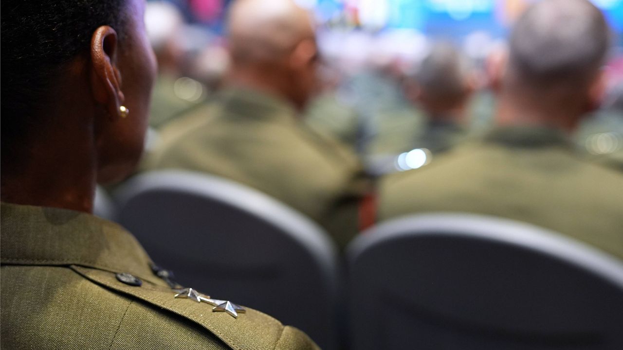 U.S. military senior leadership listen as President Donald Trump speaks at Marine Corps Base Quantico, Tuesday, Sept. 30, 2025 in Quantico, Va. (AP Photo/Evan Vucci)