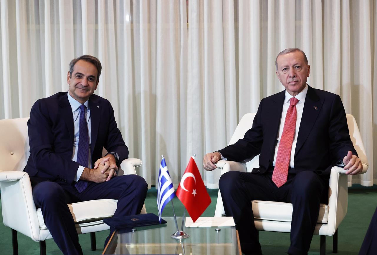 President Erdogan and Greek Prime Minister Kyriakos Mitsotakis at U.N. Headquarters in New York, U.S. on Sept. 24, 2024. (AA Photo)