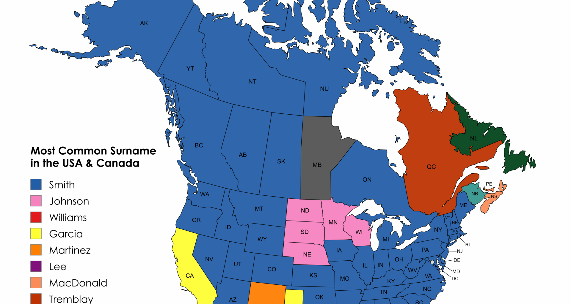 Most Common Surnames in the USA & Canada [OC]