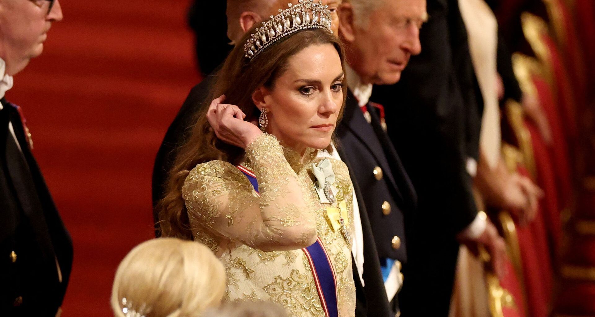 WINDSOR, ENGLAND - SEPTEMBER 17: Britain's King Charles, U.S. President Donald Trump and Britain's Catherine, Princess of Wales take their seats during a State Banquet at Windsor Castle for the State visit by the President of the United States of America on September 17, 2025 in Windsor, England. President Trump is in England from Sept. 16-18 on his second UK state visit, with the previous one taking place in 2019 during his first presidential term. (Photo by Phil Noble - WPA Pool/Getty Images)