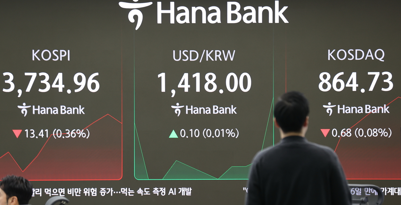 An electronic board showing the Korea Composite Stock Price Index at a dealing room of the Hana Bank headquarters in Seoul on Friday. (Yonhap)