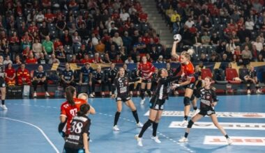 Photo by 2025/26 EHF Women's Handball Champions League match between Vistrica and Esbier, photo source = European Handball Federation