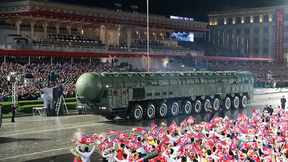A North Korean government photo shows what it says is a new intercontinental ballistic missile called the Hwasong-20, during a military parade Friday, Oct. 10, 2025, in Pyongyang, North Korea.