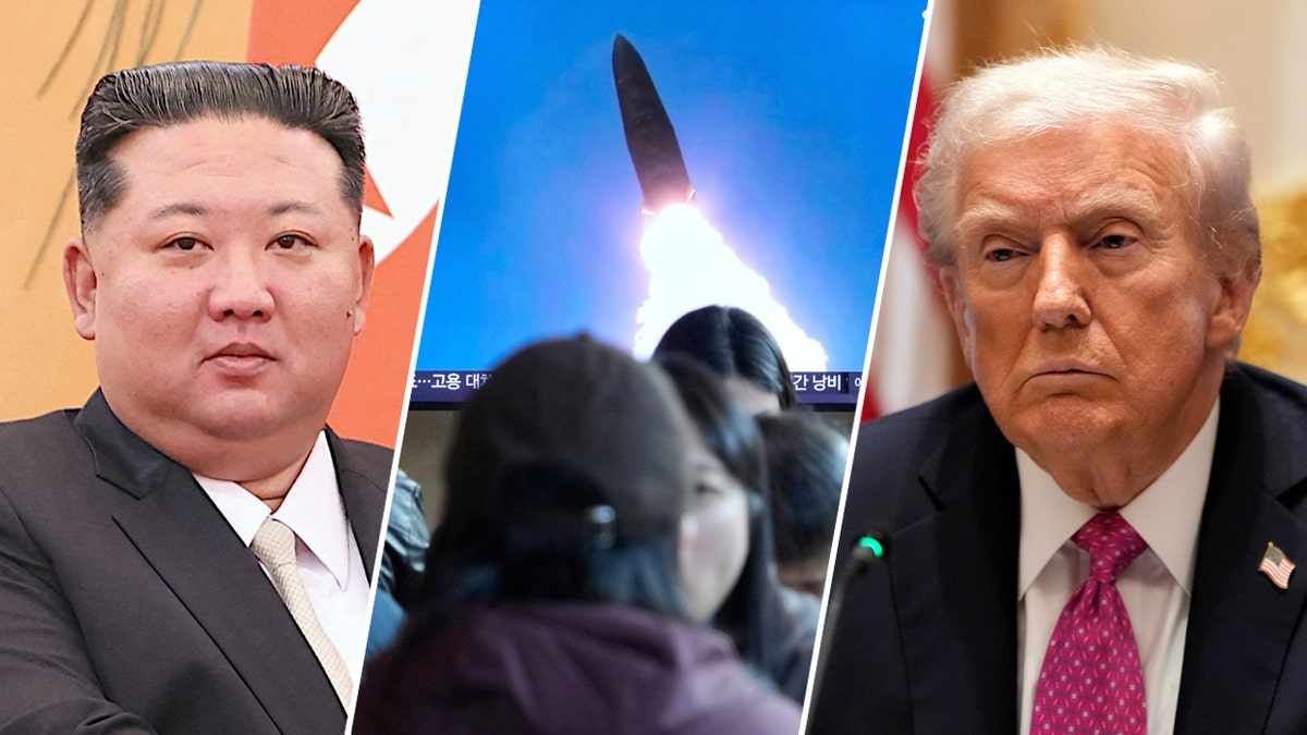 North Korean leader Kim Jong Un, news coverage of a North Korea missile launch and President Donald Trump in a split image