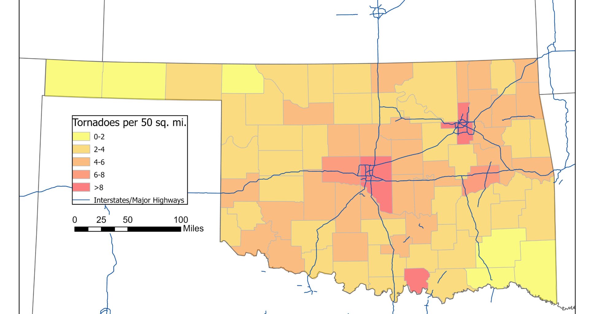 [OC] Tornadoes per 50 Square Miles by County in Oklahoma (1950-2024)