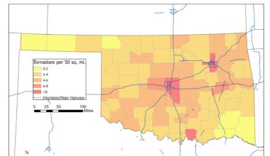 [OC] Tornadoes per 50 Square Miles by County in Oklahoma (1950-2024)