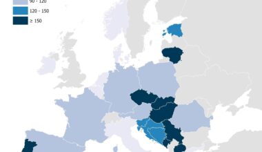 How many monthly net salaries are needed to buy a 70-m² apartment in Europe (2024)