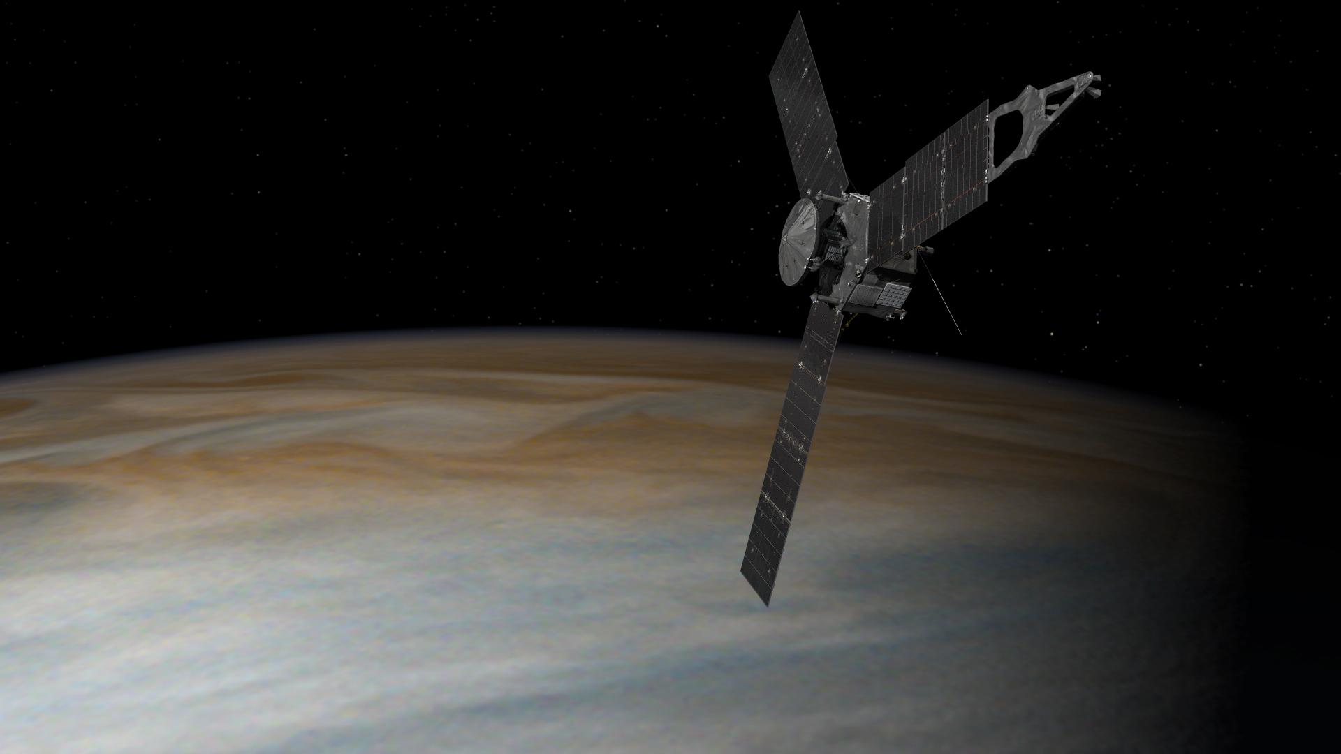 An artist's impression of the Juno spacecraft orbiting the gas giant Jupiter. The spacecraft has a hexagonal core from which three long, rectangular solar arrays extend. The arc of Jupiter's cloud surface is visible in the lower half of the image.