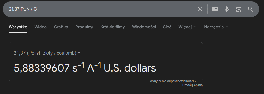 Fun fact: google może wam zamieniać waluty jednostki fizyczne