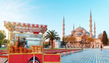 A street vendor’s simit cart stands in front of the Blue Mosque in Istanbul, Türkiye. (Adobe Stock Photo)