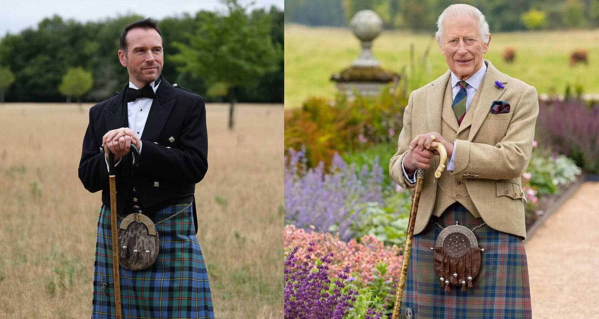 Grant Harrold wearing a bow tie and jacket with a kilt, standing in a field holding a walking stick; King Charles standing in a garden wearing a kilt, tan jacket and tie holding a walking stick