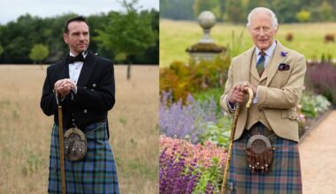 Grant Harrold wearing a bow tie and jacket with a kilt, standing in a field holding a walking stick; King Charles standing in a garden wearing a kilt, tan jacket and tie holding a walking stick