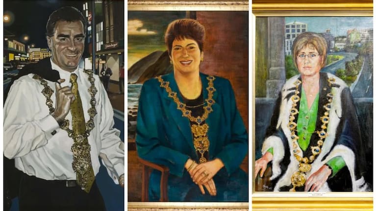 Painted portraits of previous Wellington mayors Mark Blumsky, Fran Wilde and Kerry Prendergast.
