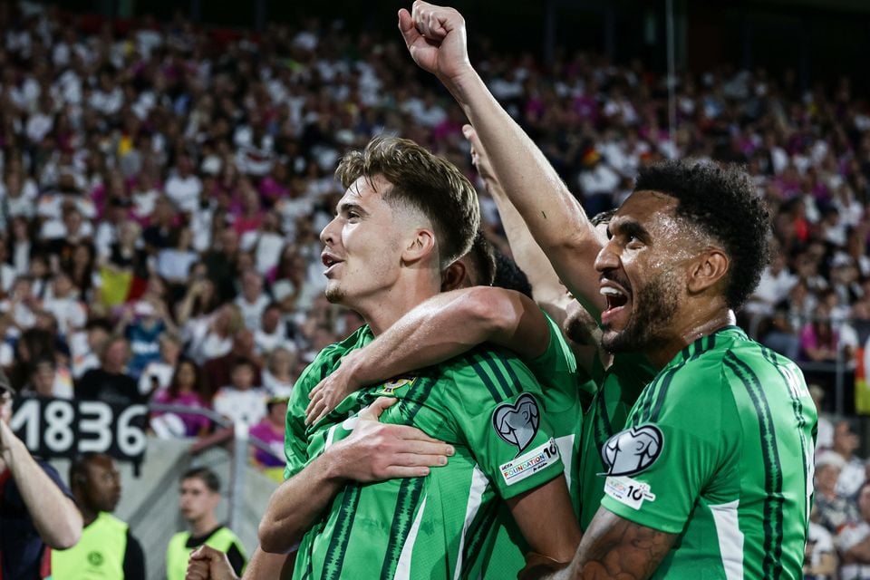 Isaac Price celebrates scoring Northern Ireland’s goal in Germany