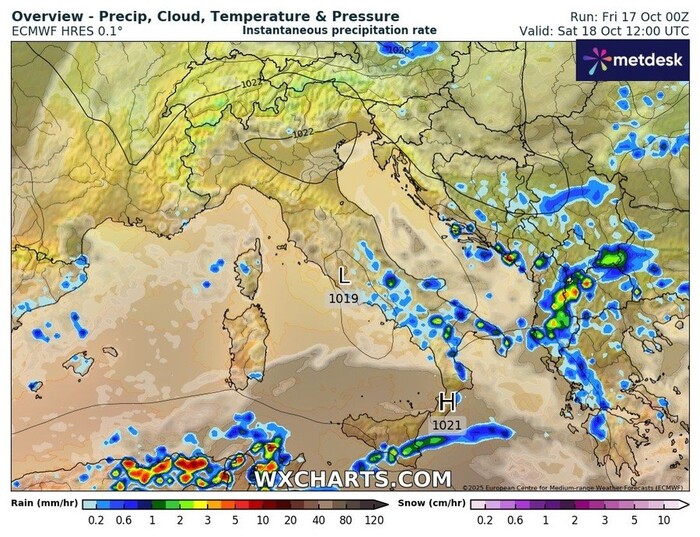 Le piogge previste per le ore centrali di Sabato 18 Ottobre