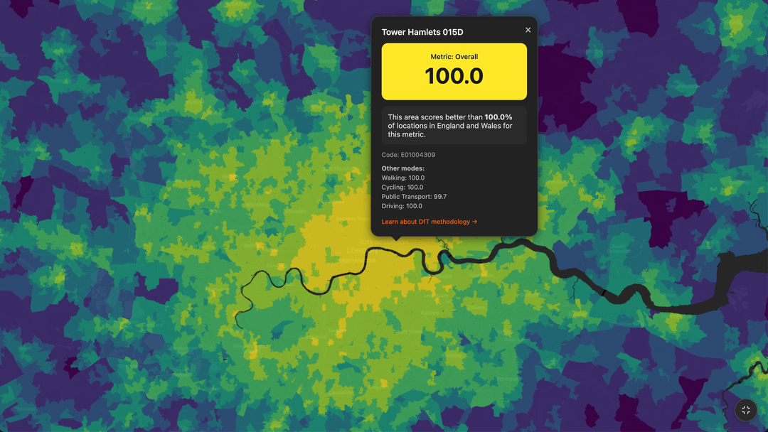 Apparently the most well-connected place for transport in the London is Aldgate East (#1 in ALL of England and Wales) and the worst is Cudham, Bromley (beats only 4.4% of EW)