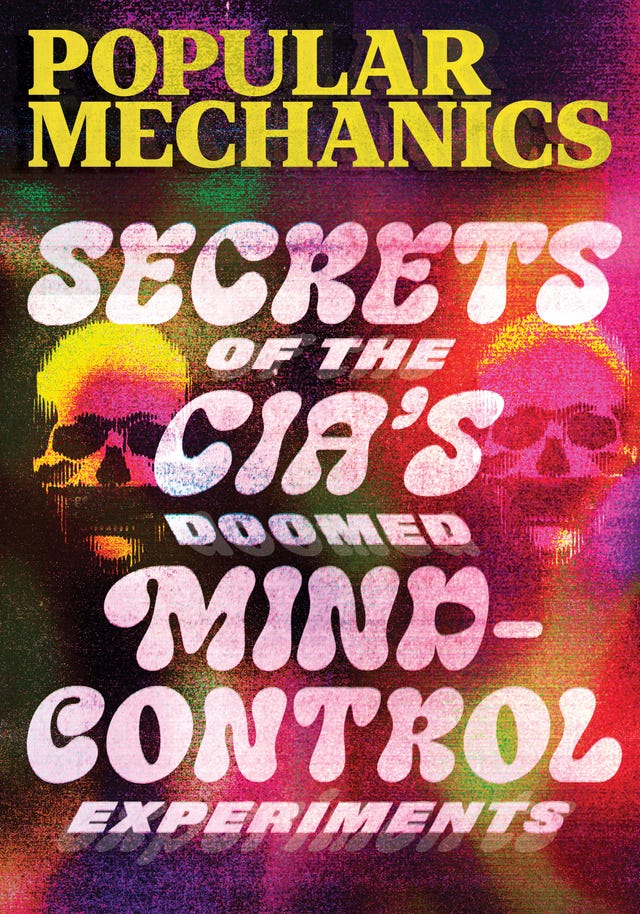 tie dye background with skeleton images on either side of groovy moving text that reads secrets of the cia's doomed mind control experiments