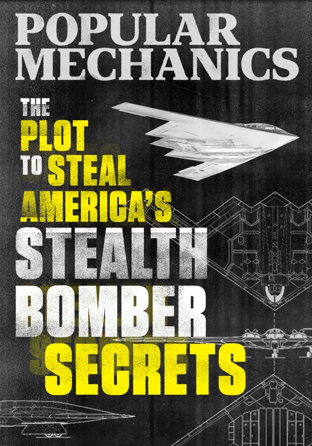 mixture of drawings and photographs of stealth bombers with superimposed letters in yellow and white over the cover that reads the plot to steal america's stealth bomber secrets