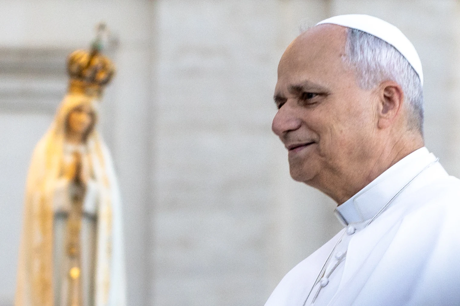 Pope Leo XIV stands near the original Our Lady of Fatima statue at a Marian vigil in St. Peter's Square, Rome, Saturday, Oct. 11, 2025. Credit: Daniel Ibáñez/CNA