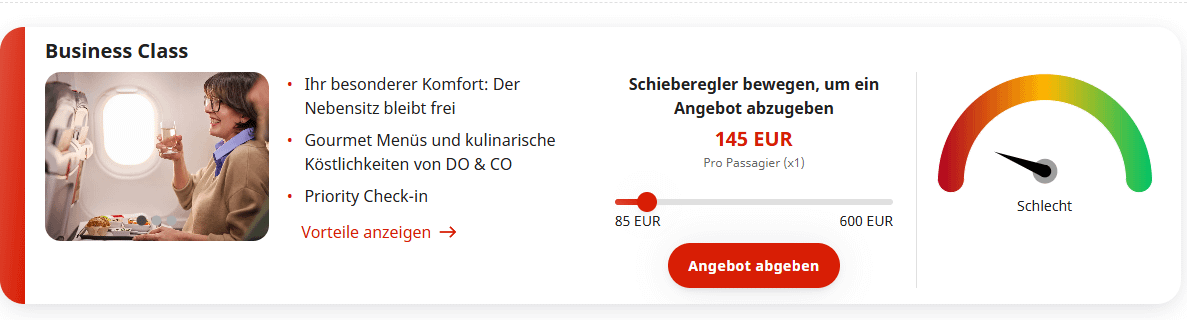 Austrian Airlines bietet upgrade zur business class als ratespiel