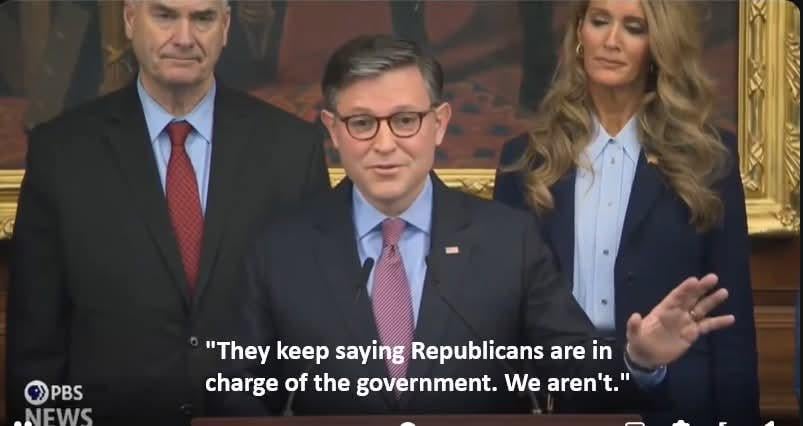 Republicans are the majority in all three branches of government but when pull the cord on Mike Johnson's back this is what you hear.
