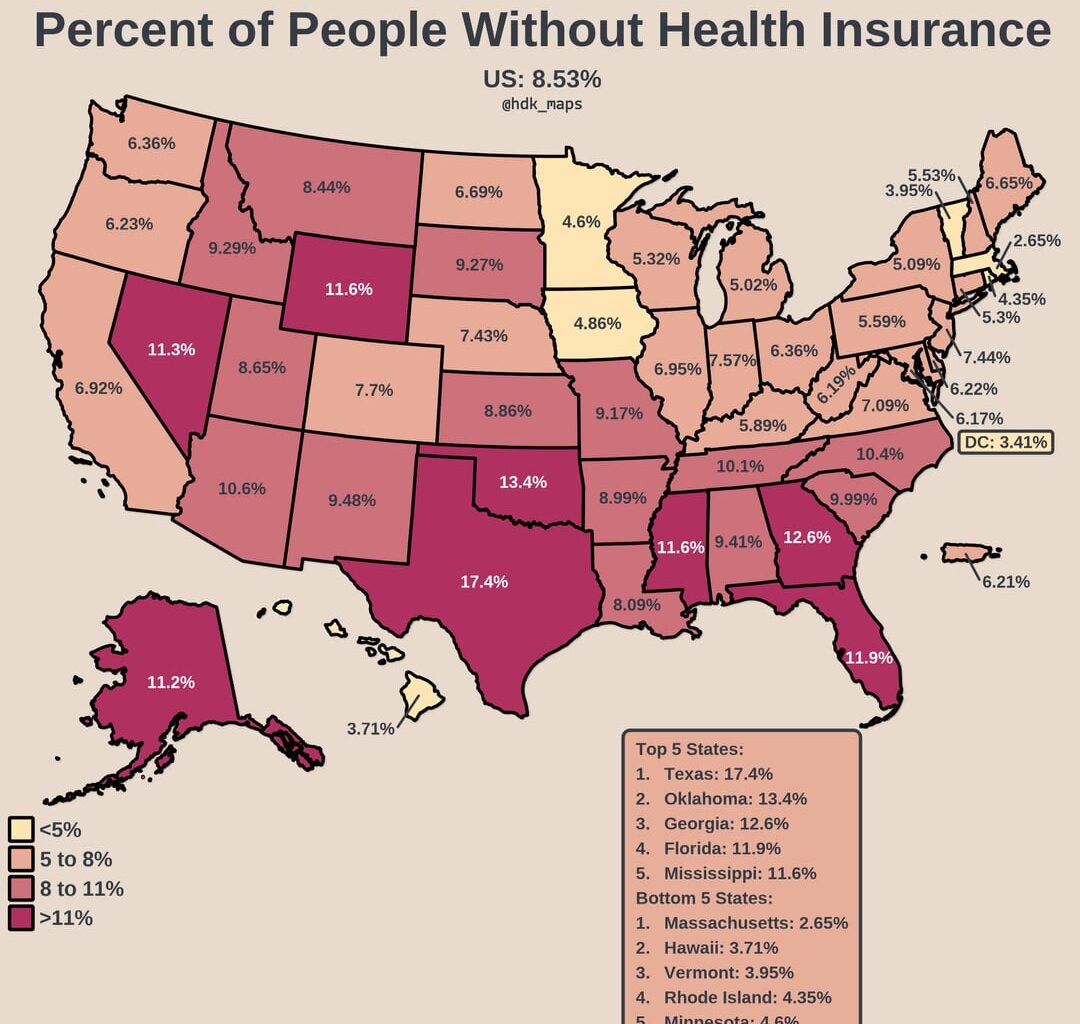 [OC] Percent of People Without Health Insurance in the US