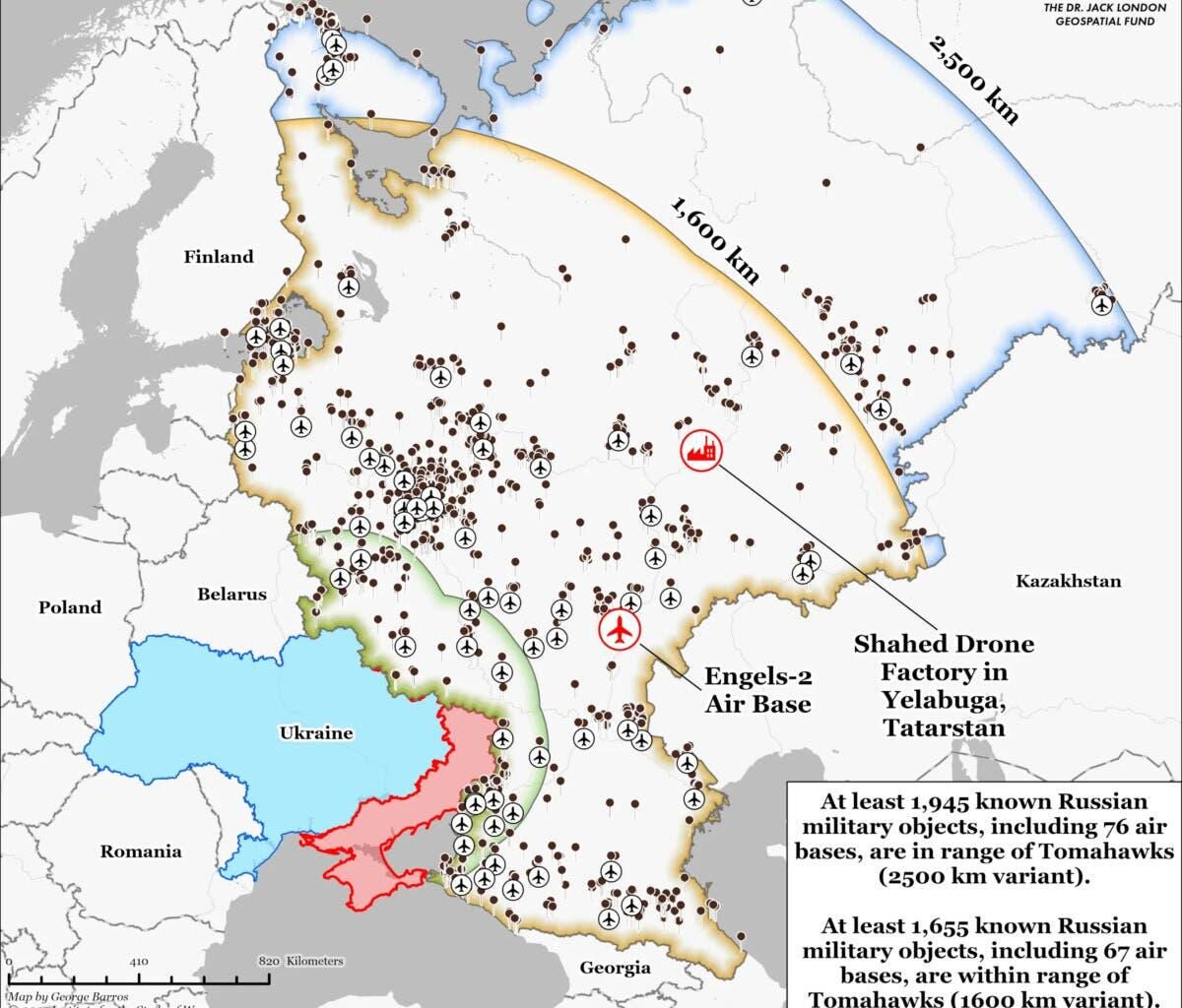Map shows where Russian targets could be destroyed with Tomahawk missiles