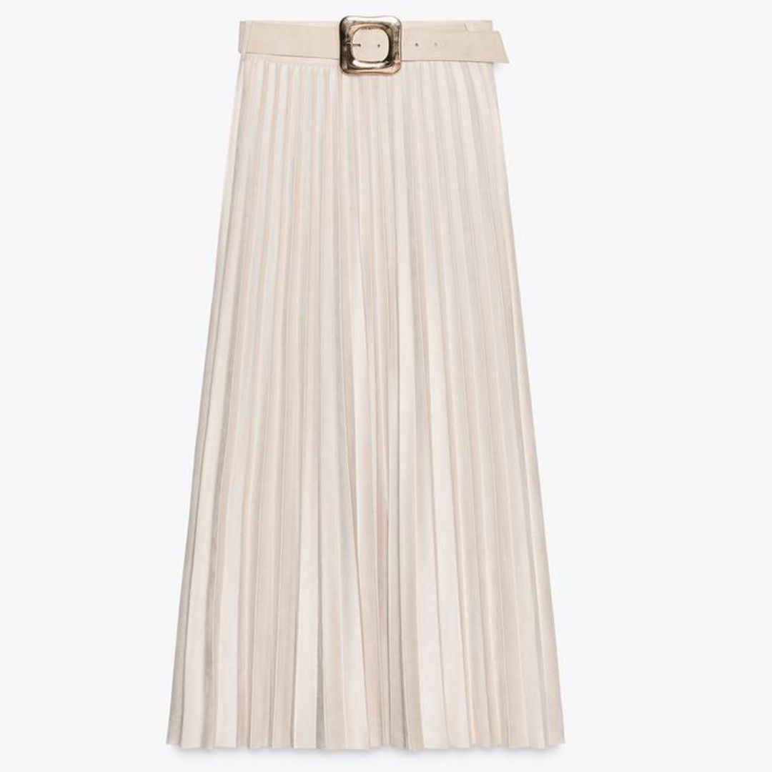 Zara Belted Faux Suede Pleated Skirt