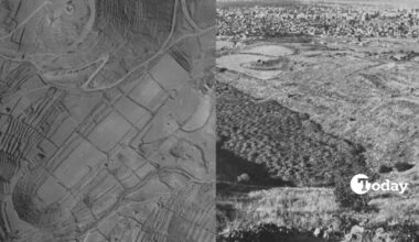 An aerial photograph and a ground-level view revealing the topography of the ancient hippodrome site in Kayseri, central Türkiye. (Photo collage by Türkiye Today team)