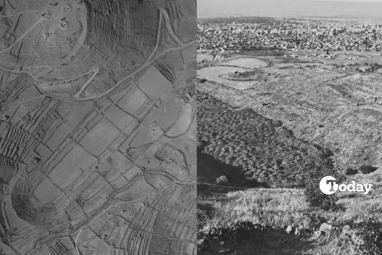 An aerial photograph and a ground-level view revealing the topography of the ancient hippodrome site in Kayseri, central Türkiye. (Photo collage by Türkiye Today team)