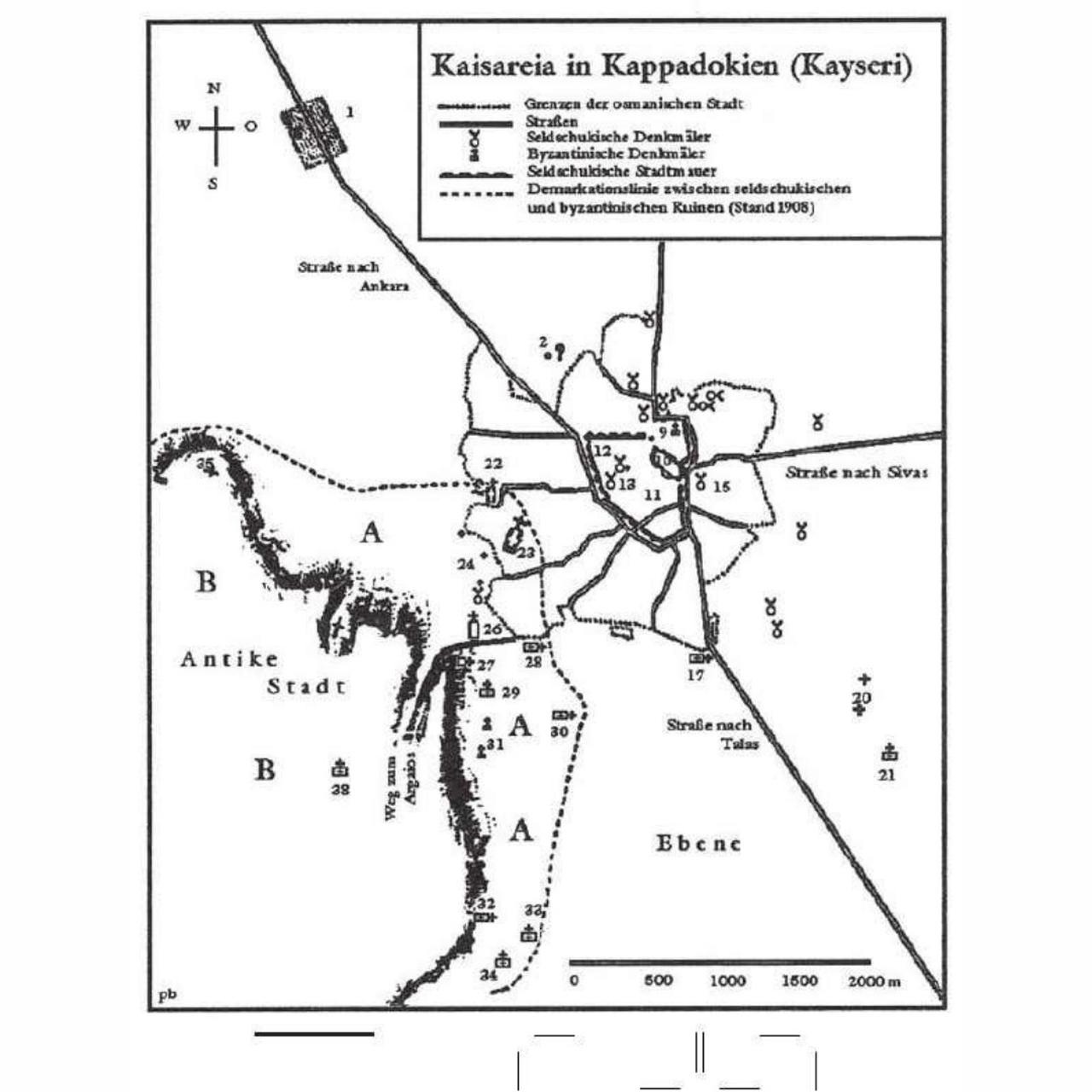 Early-20th-century archaeological map of “Kaisareia in Kappadokien,” showing the ancient city’s limits and major monuments including the presumed circus area. (Map via Friedrich Hild, 1908 archive)