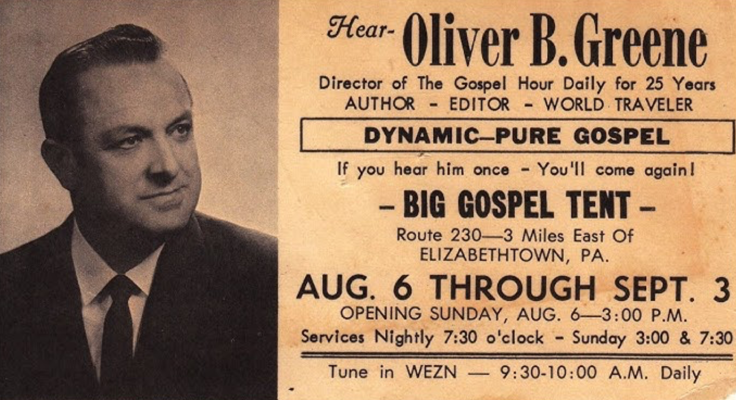 Poster for a revival meeting of Oliver Boyce Greene (1915–1976). Screenshot.