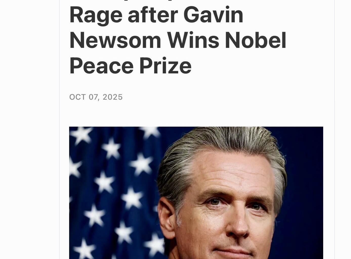 BREAKING: Gavin C. Newsom wins the Nobel Peace Prize. Obama came in second. Trump is demanding a recount from Norway. 🏆🇳🇴