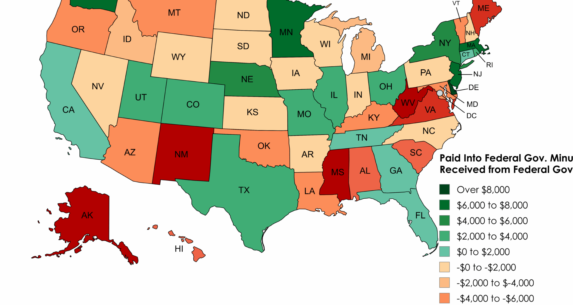 [OC] Amount Each State Pays Into Federal Gov. Minus What It Receives From Federal Government (2023)