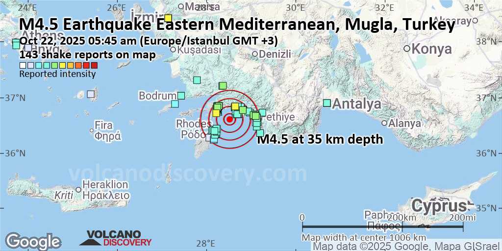 Moderate Mag. 4.5 Earthquake - Eastern Mediterranean, 35 km Southeast of Marmaris, Mugla, Turkey, on Wednesday, Oct 22, 2025, at 05:45 am (Istanbul Time)