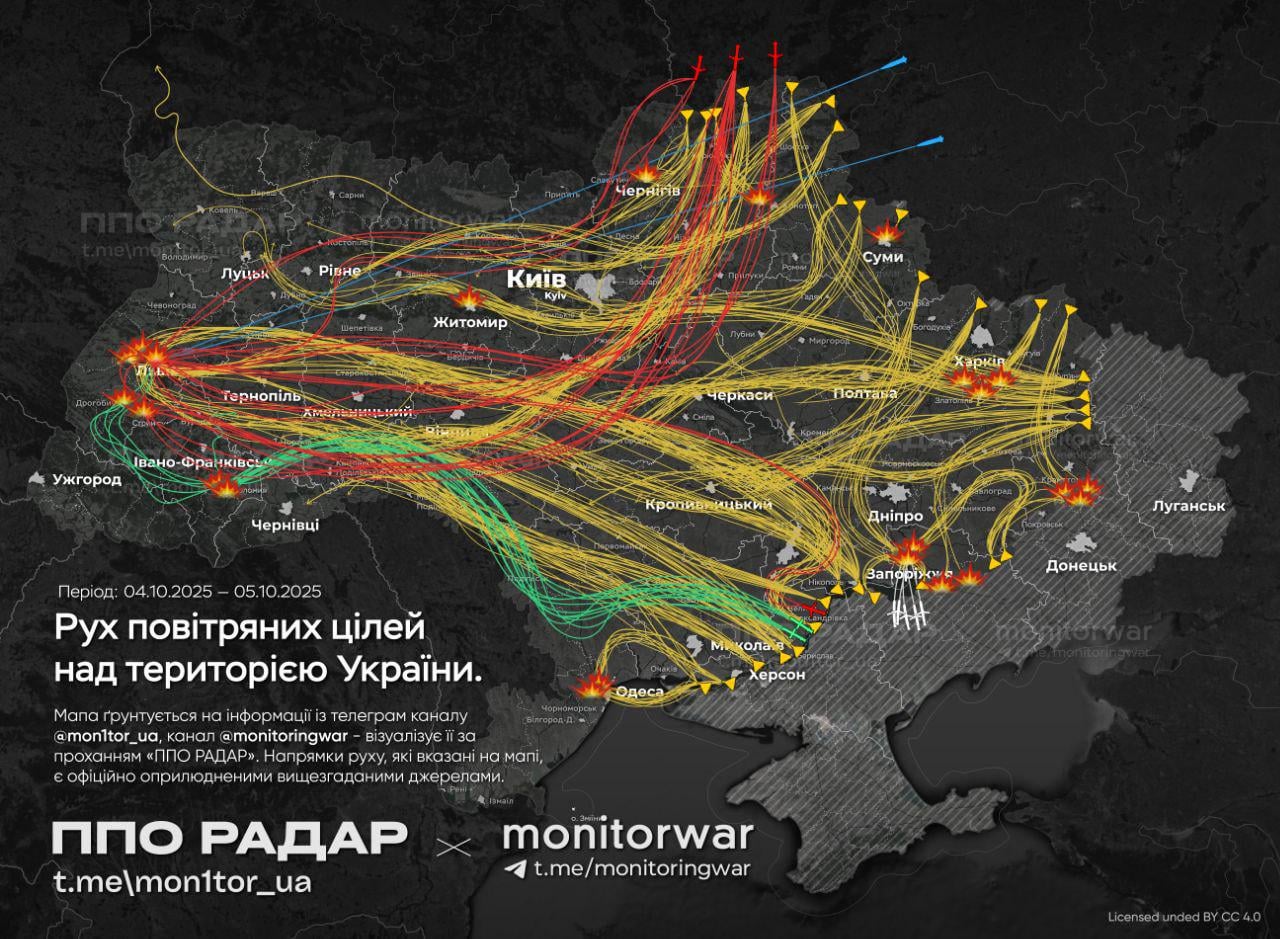 Approx. route of Russian missiles and UAVs today. This was one of the most massive combined strikes on Ukraine. According to monitors, Russia launched about 700 UAVs, up to 50 Kh-101/Caliber missiles and 2 Kinzhals