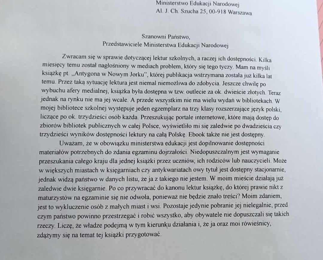 Napisałam list do Ministerstwa Edukacji, a oto ich odpowiedź