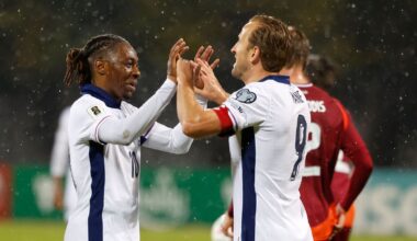 Eberechi Eze celebrates with Harry Kane after scoring England's fifth goal. Pic: AP