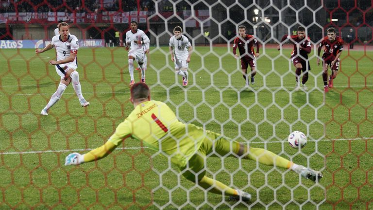 England's Harry Kane scores a penalty during the qualifying match against Latvia. Pic: AP