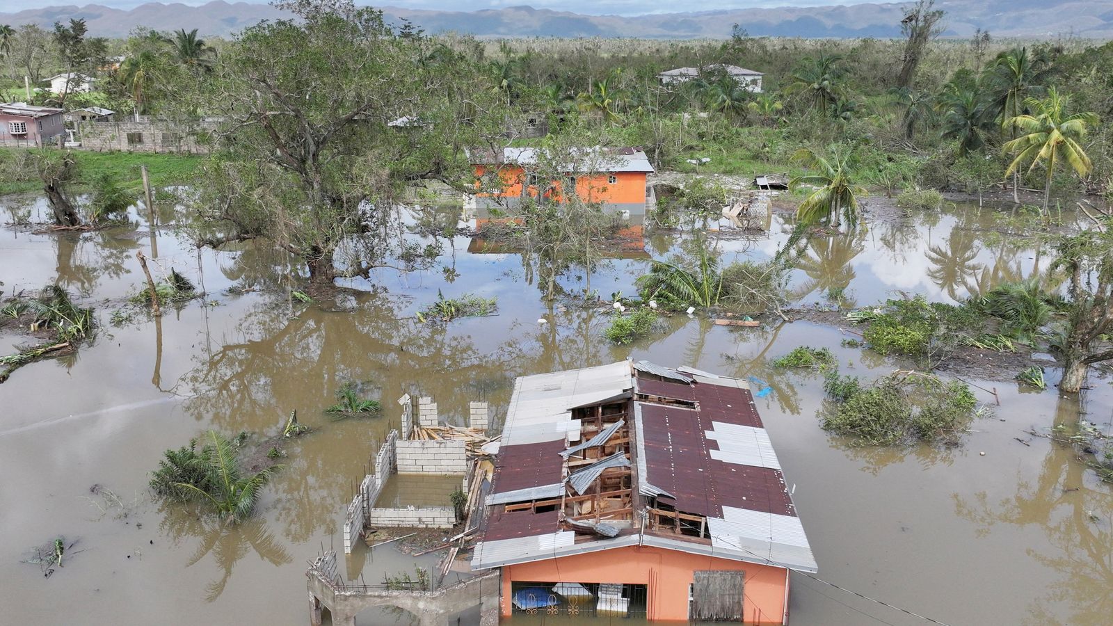 Drone view of flooding after Hurricane Melissa made landfall in St Elizabeth, Jamaica. Pic: Reuters